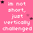 Pink background with white pixelated text reading "im not short, just vertically challenged" repeated in a pattern and scattered black/pink stars
