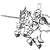 Pixelated grayscale icon of a figure holding a long object, with abstract shapes and lines surrounding it on a white background.