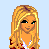 Pixel art contact sheet showing a blonde female character in various poses and outfits with text bubbles, set against light blue background.
