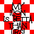 Red and white checkered background with repeated text "MY ICON IS BETTER THAN YOURS" in black pixelated font, alternating between solid red diamonds and checkerboard patterns.