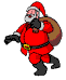 Pixelated Santa Claus in red suit with brown sack, walking through nine distinct poses on gray background.