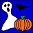 A static pixel art icon featuring a white ghost, orange pumpkin, and black bat against a solid blue background.
