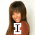 A woman with long brown hair and bangs smiles while wearing a brown top, overlaid with text elements in different frames.