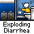 Animated pixel art sequence showing a yellow-clad figure in a bathroom stall with gray trash cans, displaying various text bubbles and color changes.
