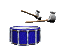Blue drum with silver accents and two wooden drumsticks held by gray figures in various positions across frames.