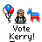 Pixel art animation of a man with gray hair, blue tie, and dark suit holding red-white-blue balloons next to a blue-and-red donkey symbol under 'Vote Kerry!' text.