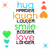 Pixelated icon with four distinct sections: top-left text stack, top-right green design, bottom-left cursive phrase, and bottom-right abstract shapes.