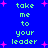 Blue background with green text reading 'take me to your leader' and pink star shapes scattered throughout.