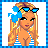 Pixel art buddy icon featuring a blonde character with blue sunglasses and flower accessory, next to a star-shaped text label reading "Beach Babi" on a light background.