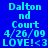 Pixelated text displays 'Dalton nd Court 4/26/09 LOVE!<3' across four color-blocked sections with varying blue, teal, and green backgrounds.