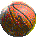 Pixelated circular icon with abstract color blending of pink, orange, yellow, brown, and dark gray tones on a light gray background.