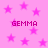 Pink background with scattered pink stars and repeated 'GEMMA' text in dark purple pixelated font.
