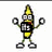 Pixelated banana character with arms raised, wearing glasses and holding a black sign that changes text across frames.