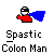 Pixelated character in red shirt and blue cape with white mask, standing against gray background, text below reads "Spastic Colon Man".