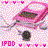 Pixelated icon with pink and white checkered background, dark central shape resembling a stylized animal head, small heart shapes scattered around.