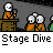 Animated contact sheet showing 18 frames of a pixel art stage dive sequence with orange and white characters, gray background, and repeated "Stage Dive" text.