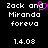 Pixelated text reads "Zack and Miranda foreva" with a pink heart replacing the 'o' in 'and', all on black background.