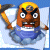 Pixelated character with brown skin, yellow hair, and a blue outfit holding a large hammer against a blue and white background.