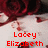 A pixelated image shows a person with dark hair and red eyes, overlaid with bold red text reading 'Lacey Elizabeth' on a light background.