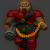 Pixelated character with red eyes, bald head, and red-and-black armor holding a large gray hammer and golden curved weapon against dark background.