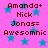 Pink background with blue stars and repeated brown text reading Amand+ Nick Jonas= Awesomnic in a pattern