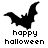 Black bat silhouettes with 'happy halloween' text on white background, showing three distinct poses in a