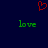 Red pixelated heart symbol above two green 'love' texts on dark blue background.