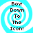 Four identical pixelated frames of a blue and white spiral background with brown text reading "Bow Down To The Icon!" arranged in a 2x2 contact sheet.