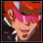Pixelated anime-style character with red hair and pink goggles on a black background, next to stylized text.