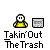 Pixel art animation of two figures interacting with trash bins, featuring speech bubbles and changing poses across frames.