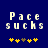 Pixelated text "Pace sucks" on dark blue background with yellow and brown star-like symbols below.