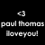 Pixelated text and symbols on black background with gray rectangle, showing repeated 'paul thomas' and 'iloveyou!' with heart symbols.