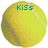 Three yellow tennis balls with white seams, each displaying distinct blue text: 'Kiss', 'my', and 'Ace' in pixelated font.