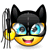 Animated cartoon face with black cat ears, blue eyes, yellow cheeks, and a black mask holding a yellow and black microphone, changing mouth expressions and hand positions.