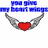 Animated sequence of four showing a red heart with gray wings, each paired with blue text reading "you give my heart wings" and "and let me fly away the only problem is you didn't fly with me."