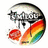 A circular icon with a rainbow gradient and a red circular element, surrounded by pixelated text on a cyan background with additional text below.