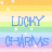 Pixelated text on a rainbow striped background with white sparkles, displaying 'LUCKY CHARM'S FOR LIFE' in blue block letters.
