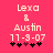 Pixelated text and symbols on a pink background with two identical frames showing 'Lena & Austin 11-3-07' and five black-and-brown asterisks below.