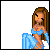 Pixel art animation of a female character in blue outfit with long brown hair, transitioning through poses and additional figures.