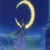 A 50x50 pixel animated buddy icon featuring a crescent moon and a cartoon character with long hair against a blue background, displayed as two sequential frames in a contact sheet layout.