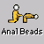 Pixelated yellow figures in a seated pose with white spherical heads, interacting with curved objects against gray background; text below reads 'AnalBeads' in blocky font.