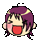 Pixelated cartoon head with purple hair, red mouth, and pink cheeks in two side-by-side poses showing different facial expressions.