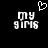 Black background with white pixelated text 'my gims' and a heart symbol above the text, displayed in two identical side-by-side arrangements.