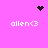 Pixelated icon with pink background showing four instances of 'allen<3' text and three distinct black pixel clusters in heart, starburst, and scattered dot patterns.
