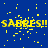Blue background with yellow pixelated text 'SABRES!!' repeated across multiple lines, scattered yellow square particles floating around.