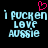 Pixelated text 'i pocken love aussie' in light blue with a pink heart symbol above the text on a black background.