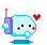 Pixelated character with light blue body, purple side section, and antenna; red crosses on cheeks; four variations show changing hand positions, heart symbols, and antenna colors.