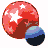 Red sphere with white stars and blue-black gradient sphere in motion across of four