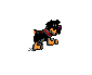 Pixelated dog character in multiple poses with black, brown, and purple colors on gray background.