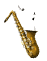 Animated golden saxophone with scattered musical notes floating upward against a white background.